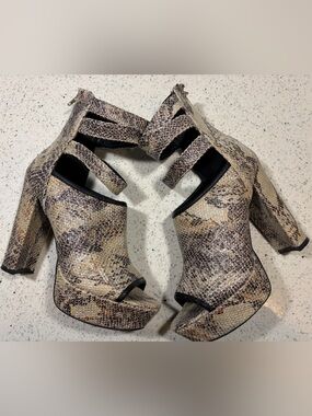 Snake-Print Platform Peep-Toe Block Heels - Taupe